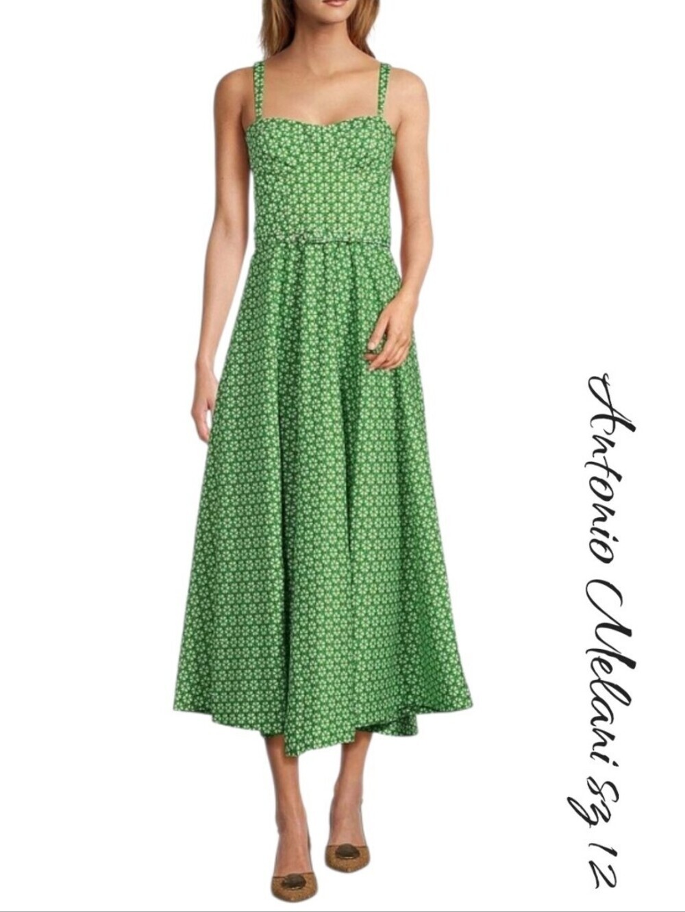 Antonio Melani x Style by Simkins Margo Green Printed Poplin Maxi Dress Sz 12